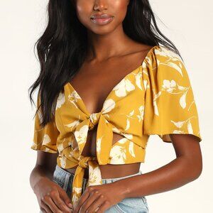 Lulus Yellow Floral Print Tie-Front Crop Top